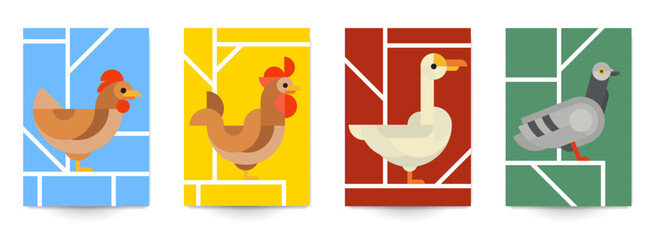 Wall Mural - Set of minimal abstract geometric background with birds. Chicken, rooster, goose, pigeon. Creative modern composition for banner, cover, poster, card. Vector bright vintage illustration.