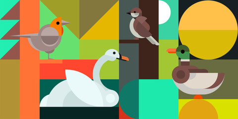 Wall Mural - Geometric abstract background with birds in color flat minimal style. Duck, swan, sparrow, robin. Creative composition design banner. Bright bauhaus graphic design. Vector illustration.