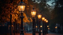 Street Lamps In The Night Made With AI Generative Technology, Property Is Fictional