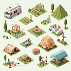 Wall Mural - Camping set isometric vector flat minimalistic isolated illustration