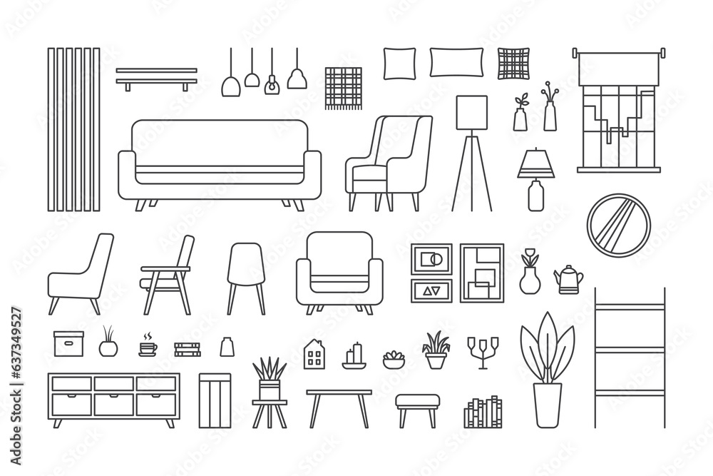 Cozy home interior design, icons set. Living room interior. Vector line ...