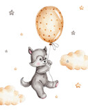 Fototapeta Pokój dzieciecy - Watercolor little wolf flying with balloon; hand drawn illustration