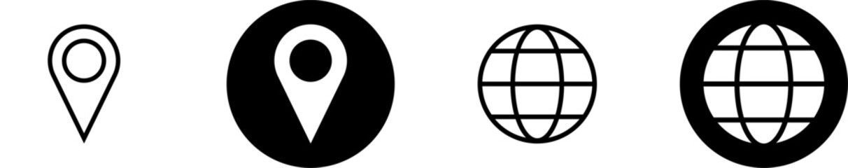 Poster - set of black and white round world globe earth web map and location pointer pin or you are here mark