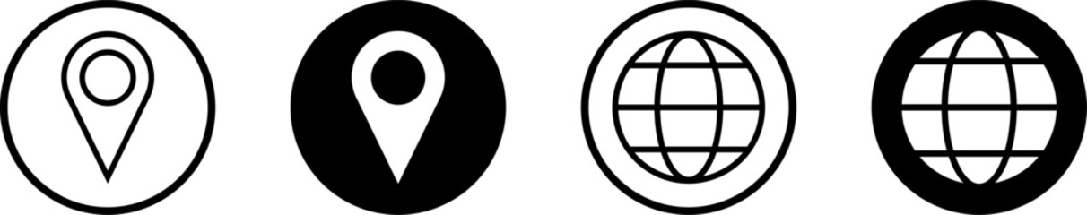 Poster - set of black and white round world globe earth web map and location pointer pin or you are here mark