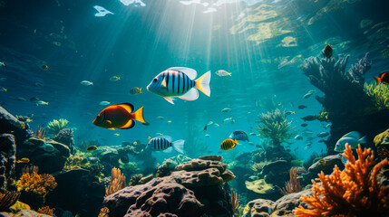 Coral and fish in the clear sea water