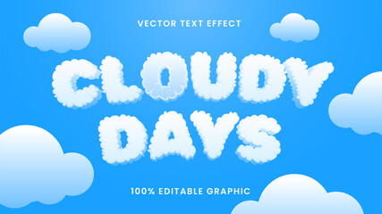 3d Cloud text effect vector design. Cloudy days theme with cloud and blue sky background. Simply editable and scalable text.