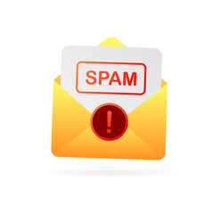 Poster - Spam message. Flat, yellow, spam envelope, scammers beware. Vector icon