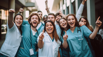 Celebrating medical education: Diverse team of students wearing nurse uniform cheers for joy