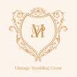 MR RM initial baroque style wedding crest design. Vintage wedding crest with shield and floral vector illustration.