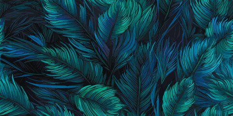 Luxurious peacock, plants and flowers. Vector Vintage Modern seamless pattern of tropical palm leaves, fern, peacock feather, butterfly for pattern, wallpaper or background. Fashionable template