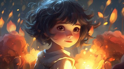 Wall Mural - Portrait of a cute girl with black hair . Fantasy concept , Illustration painting.