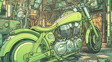 Green Retro Motorcycle In The Garage . Fantasy Concept , Illustration Painting.