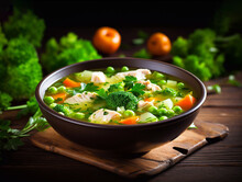 Chicken Soup With Broccoli, Green Peas, Carrots And Celery In A Black Bowl On A Wooden Background. Generative AI