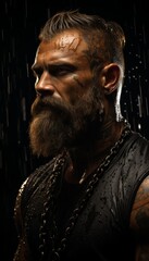 Brutal Portrait of a man with a beard and a strong character in chains on a muscular body. Created in AI.