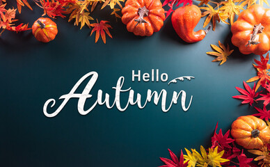 Wall Mural - autumn and thanksgiving decoration concept made from autumn leaves and pumpkin on dark background. f