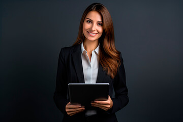 Wall Mural - Young smiling professional business woman office worker holding digital tablet