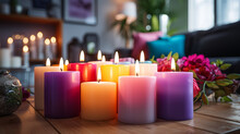 Group Of Colorful Candles On A Table In A Living Room, Bright Colors