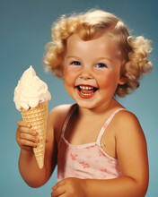 Minimalistic Retro Postcard Of Happy Smiling Child With Ice Cream And Curved Hair On Blue Background