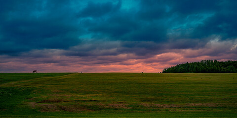 Wall Mural - Dramatic stormy sunset hilly roadside landscape on the TranceCanada Highway of Route 2 at Springhill in Prince Edward Island, Canada