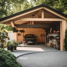 An Image Of A Garage With A Carport Made Of Natural Wood And Plenty Of Storage Space For Outdoor Equipment And Tools. The Garage Is Surrounded By A Beautiful Garden And Has Plenty Of Natural Elemen