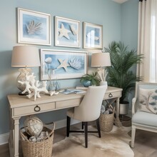 Coastal Theme A Home Office That Features A Coastal Theme With Beachy Decor, Soft Blues, And Sandy Neutrals. Think Of A White Desk With A Light Blue Chair, A Seashell Decor, And A Coastal-inspired