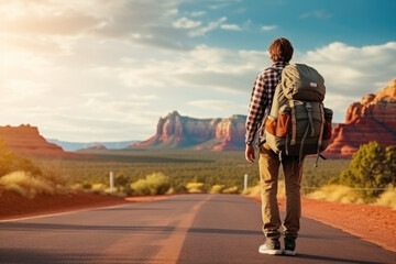 young backpacker hitchhiking road in sedona canyon on a sunny day. auto stop adventure, backpack con