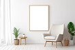 © ASA Creative - Blank wooden picture frame mockup in modern interior. Vertical template mock up for artwork, painting, photo or poster in interior design, generative AI