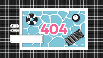 Poster - Swimming pool black white error 404 flash message. Lounge zone. Pool party. Monochrome website landing page ui design. Not found cartoon image, kawaii vibes. Vector flat outline illustration concept
