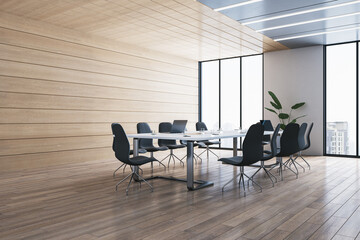 Aufkleber - New wooden plank conference room interior with table, chairs and panoramic window with city view. 3D Rendering.