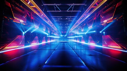 Wall Mural - Abstract neon scene with beams and spotlights. AI generation