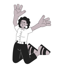 Poster - ecstatic woman high up jumping monochromatic flat vector character. attractive lady jump for joy. ed