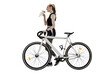 A woman training in sportswear is a full-length cyclist. Riding an ecotransport fitness in the city. A white bicycle.  Transparent background, png.