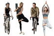 © muse studio - Man and woman collage, Cyclists and full-length fitness training. Different people in life.  Transparent background, png.