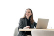 A woman uses a laptop workplace office, business clothes on a person.  A freelancer works at a computer alone.   Transparent background, png.