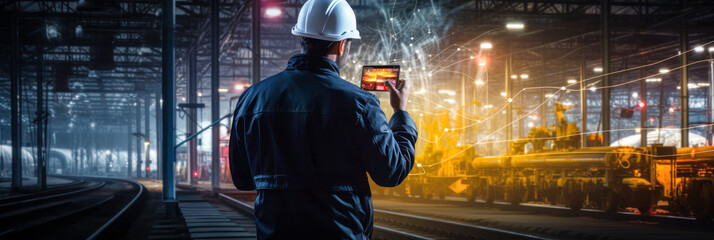 Poster - engineer using tablet to check and analyze data systems electrics of track on railway networking
