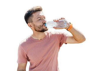 A male athlete drinks clean water from a bottle of athlete, sportswear and a break.  Transparent background, png.