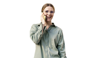 A young woman is talking on the phone. A business woman with glasses uses a phone, communicates with a client.  Transparent background, png.