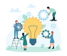 Business Strategy Of Innovation And Creative Solutions Vector Illustration. Cartoon Tiny People Combine Gears To Engine Inside Light Bulb To Customize Business Process, Organization Development