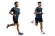 Collage runner male athlete jogging. Uses sports shoes for running. Exercise fitness, smiling confident man in a T-shirt. Healthy lifestyle. Transparent background, PNG.