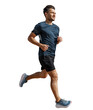 © muse studio - Runner male athlete jogging, full height. Uses sports shoes for running. Exercise fitness, smiling confident man in a T-shirt. Healthy lifestyle. Transparent background, PNG.