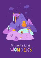 Wall Mural - Poster with monsters in the mountain valley and lettering. Magical print with wonder monster world.