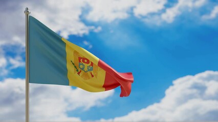 Poster - Moldova country national flag waving on blue sky background. 3d video footage