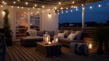 Generative AI, Cozy Balcony In The Evenind With Lantern, Garland And Candles. Soft Sofas And Chairs For Relax. Bohemian Ideas