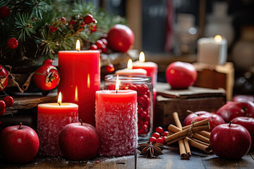 Candles with rustic cottage designs and apple-scented aromas. Christmas candles scene 