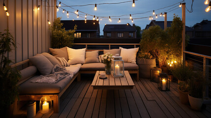 Generative AI, Cozy balcony in the evenind with lantern, garland and candles. Soft sofas and chairs for relax. bohemian ideas