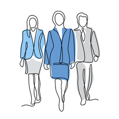 Wall Mural - Business team continuous line colourful vector illustration. Group of standing business people.