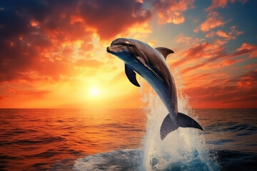 Wall Mural - Bottlenose dolphin jump over ocean with beautiful sunset background