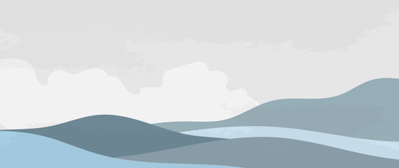 Wall Mural - minimal vector abstract landscape with clouds. mountain background with watercolor texture in blue t