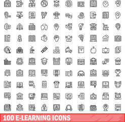 Poster - 100 e-learning icons set. Outline illustration of 100 e-learning icons vector set isolated on white background