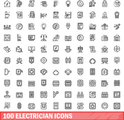 Poster - 100 electrician icons set. Outline illustration of 100 electrician icons vector set isolated on white background
